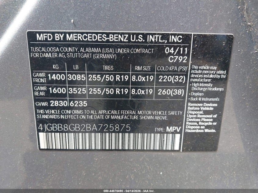 2011 Mercedes-Benz Ml 350 4Matic VIN: 4JGBB8GB2BA725875 Lot: 44870490