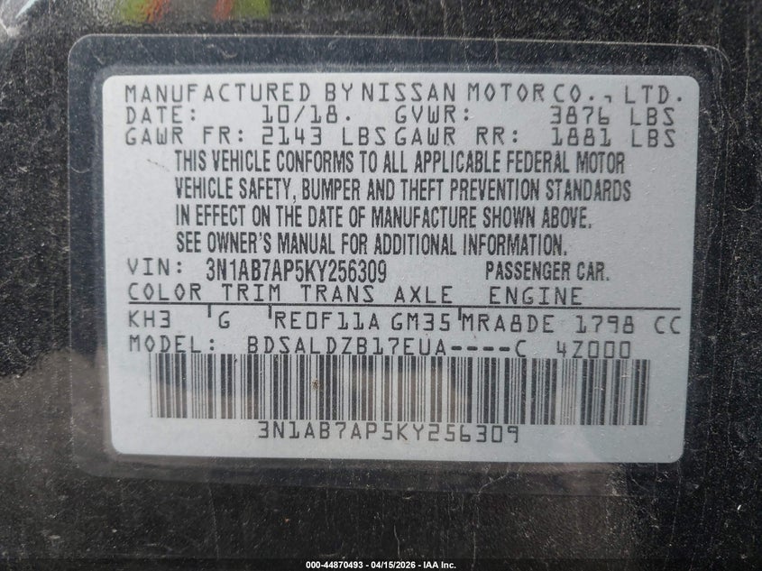 2019 Nissan Sentra Sv VIN: 3N1AB7AP5KY256309 Lot: 44870493