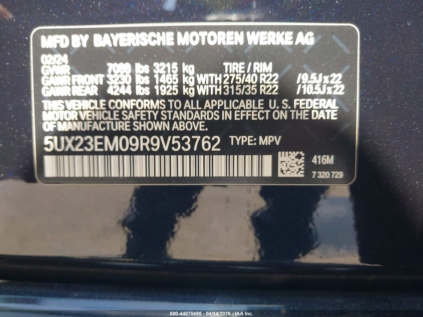 2024 BMW X7 xDrive40I VIN: 5UX23EM09R9V53762 Lot: 44870498