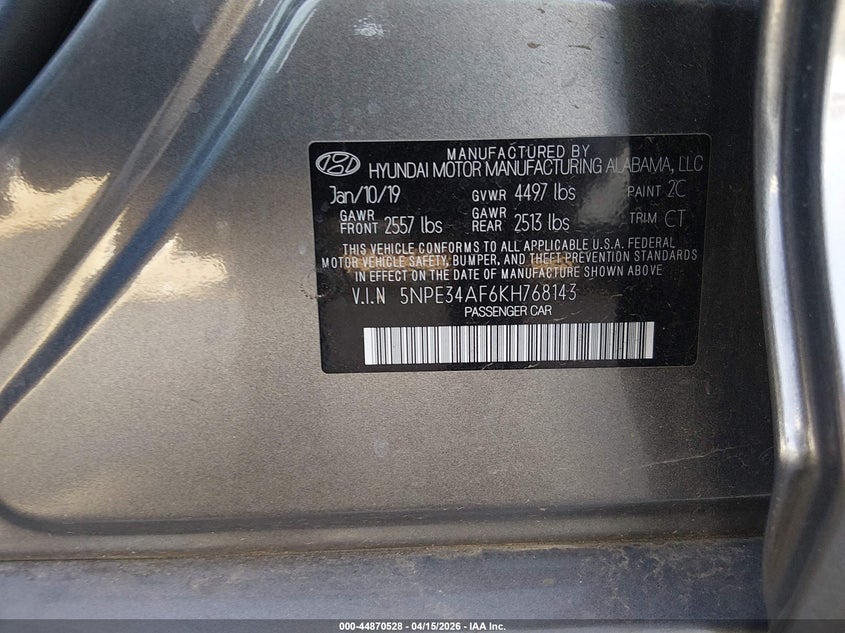 2019 Hyundai Sonata Sel VIN: 5NPE34AF6KH768143 Lot: 44870528