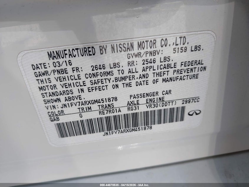 2016 Infiniti Q50 3.0T Red Sport 400 VIN: JN1FV7ARXGM451878 Lot: 44870535