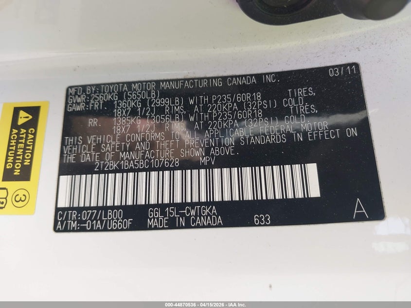 2011 Lexus Rx 350 VIN: 2T2BK1BA5BT107628 Lot: 44870536