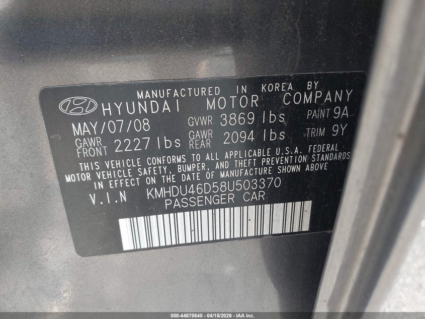 2008 Hyundai Elantra Gls/Se VIN: KMHDU46D58U503370 Lot: 44870540