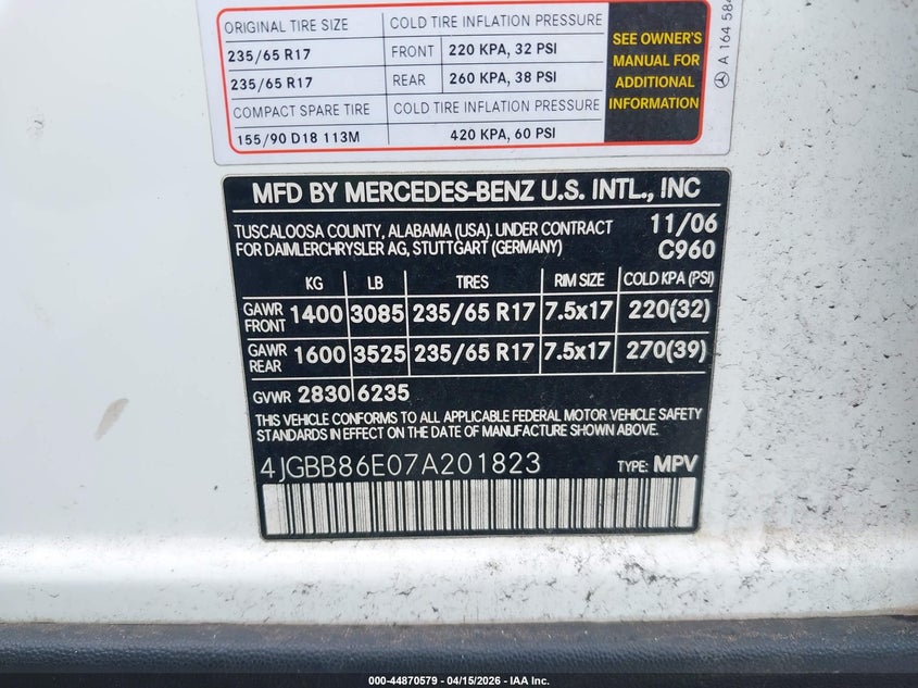2007 Mercedes-Benz Ml 350 4Matic VIN: 4JGBB86E07A201823 Lot: 44870579
