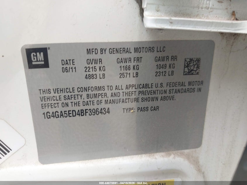 2011 Buick Lacrosse Cx VIN: 1G4GA5ED4BF396434 Lot: 44870591