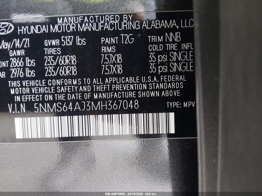 2021 Hyundai Santa Fe Sel VIN: 5NMS64AJ3MH367048 Lot: 44870599