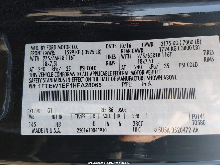1FTEW1EF1HFA28065 2017 Ford F-150 5.0 Black