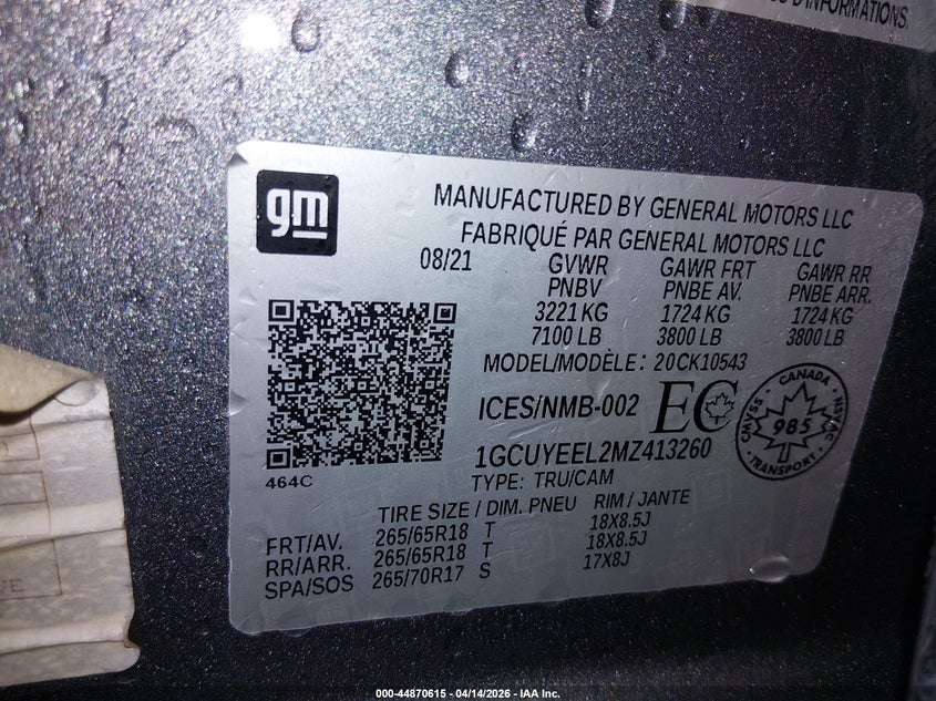2021 Chevrolet Silverado 1500 Rst VIN: 1GCUYEEL2MZ413260 Lot: 44870615