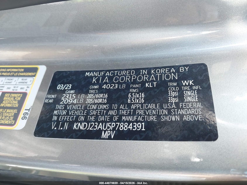 2023 Kia Soul Lx VIN: KNDJ23AU5P7884391 Lot: 44870659