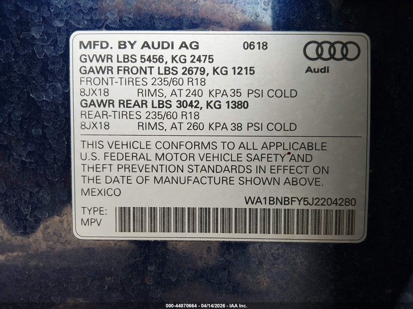 2018 Audi Q5 2.0T Premium/2.0T Tech Premium VIN: WA1BNBFY5J2204280 Lot: 44870664