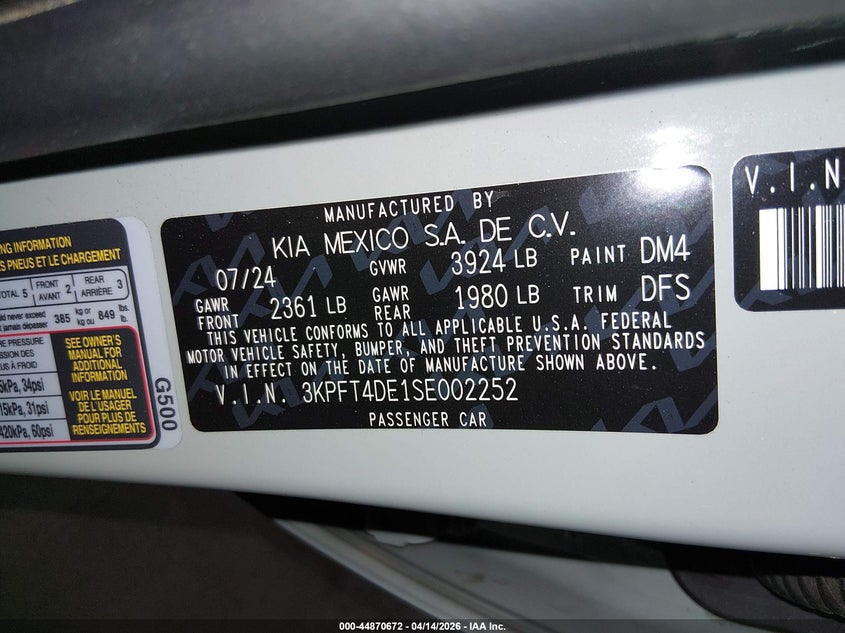 2025 Kia K4 Lxs VIN: 3KPFT4DE1SE002252 Lot: 44870672