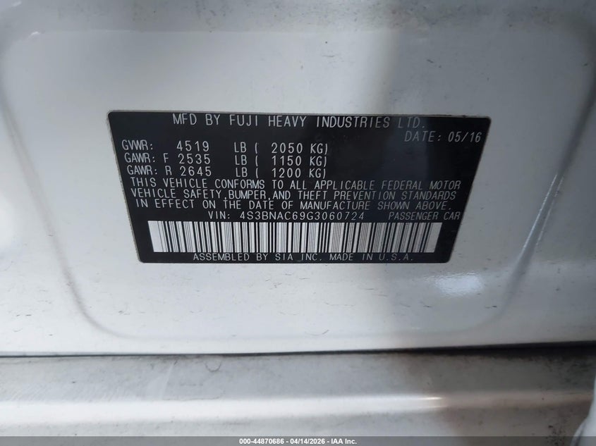 2016 Subaru Legacy 2.5I Premium VIN: 4S3BNAC69G3060724 Lot: 44870686