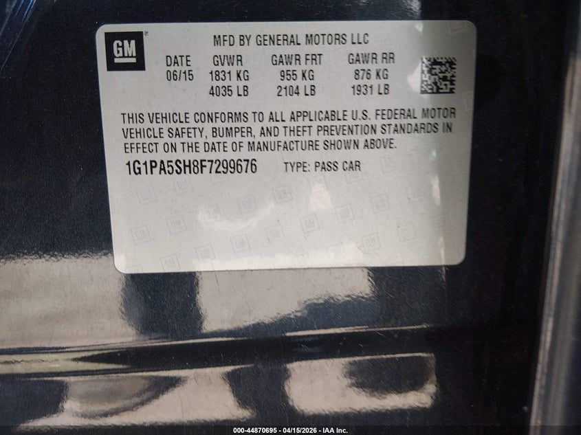 2015 Chevrolet Cruze Ls Auto VIN: 1G1PA5SH8F7299676 Lot: 44870695