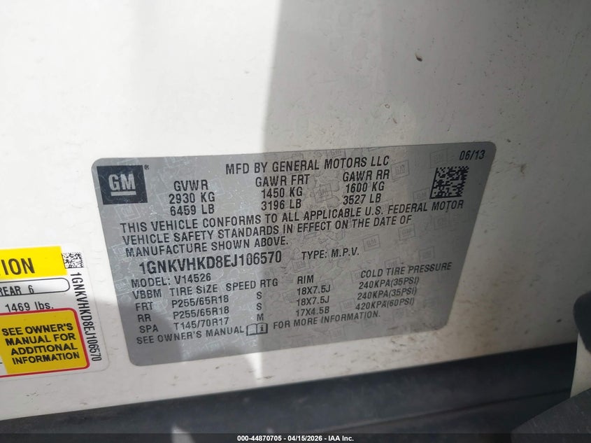 2014 Chevrolet Traverse 2Lt VIN: 1GNKVHKD8EJ106570 Lot: 44870705