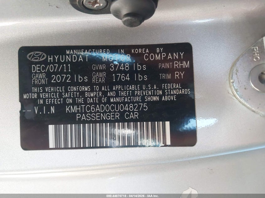 2012 Hyundai Veloster Base W/Black VIN: KMHTC6AD0CU048275 Lot: 44870718