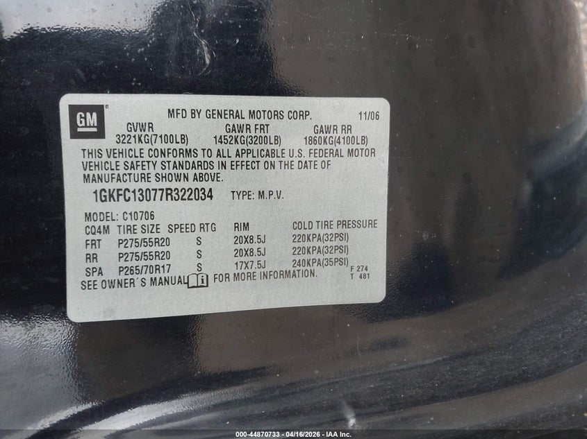 2007 GMC Yukon Slt VIN: 1GKFC13077R322034 Lot: 44870733
