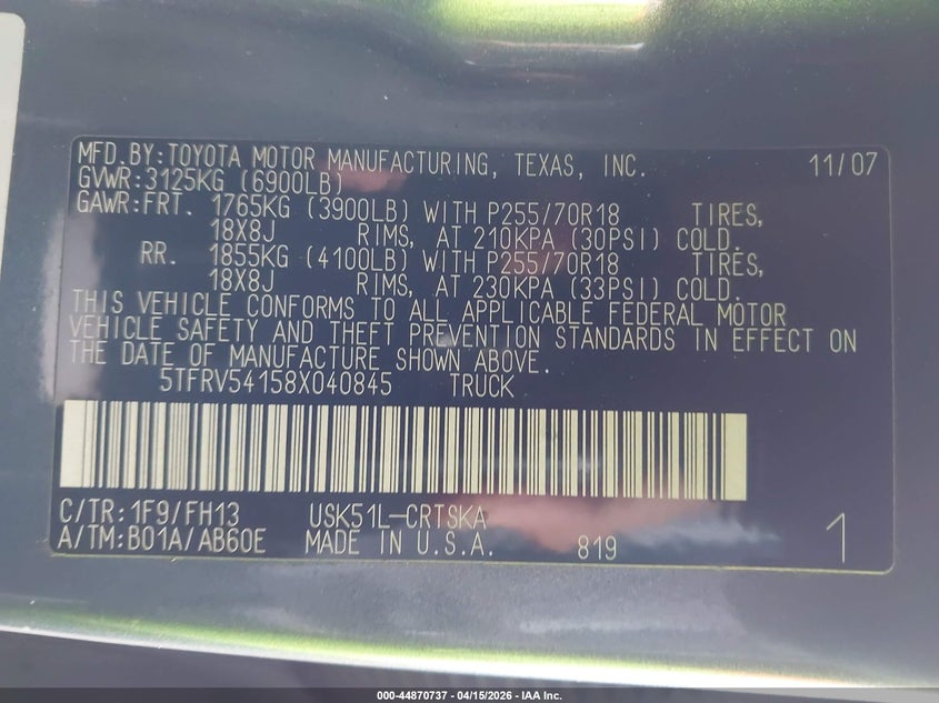 2008 Toyota Tundra Base 5.7L V8 VIN: 5TFRV54158X040845 Lot: 44870737