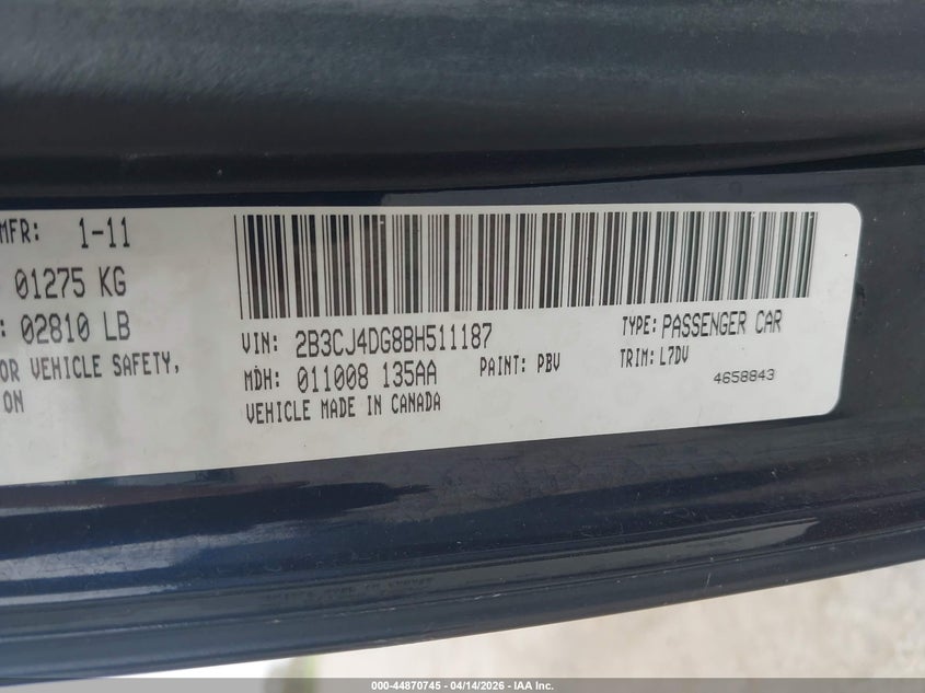 2011 Dodge Challenger VIN: 2B3CJ4DG8BH511187 Lot: 44870745