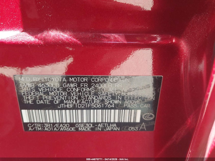 2015 Lexus Is 250 VIN: JTHBF1D21F5061764 Lot: 44870771