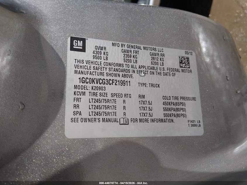 2012 Chevrolet Silverado 2500Hd Work Truck VIN: 1GC0KVCG3CF219911 Lot: 44870774