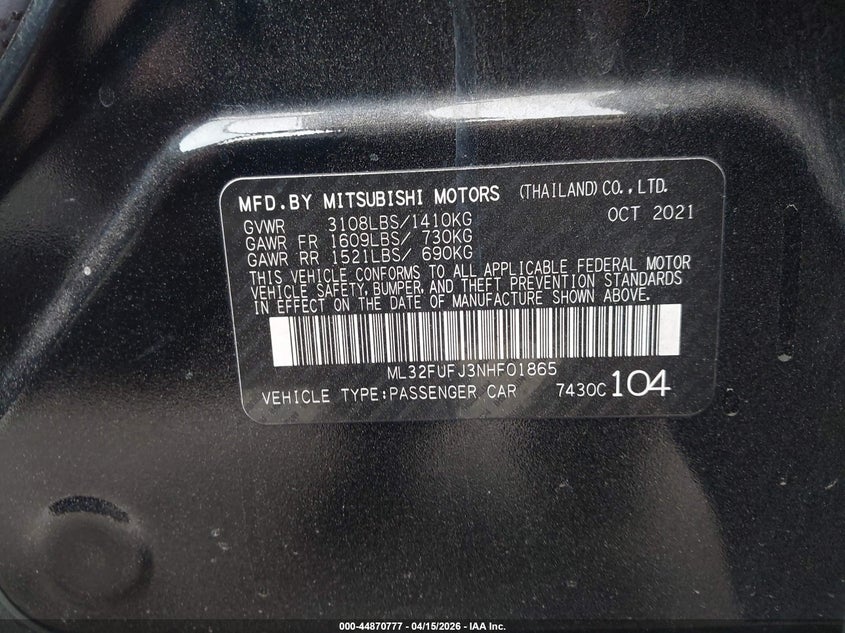 2022 Mitsubishi Mirage G4 Black Edition/Es/Le VIN: ML32FUFJ3NHF01865 Lot: 44870777