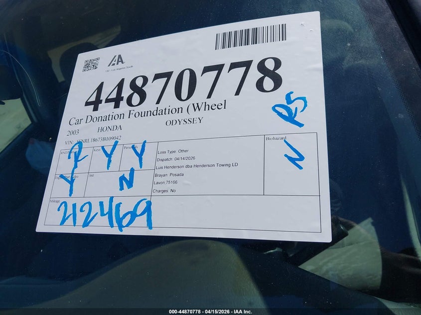 2003 Honda Odyssey Ex VIN: 5FNRL18673B109042 Lot: 44870778