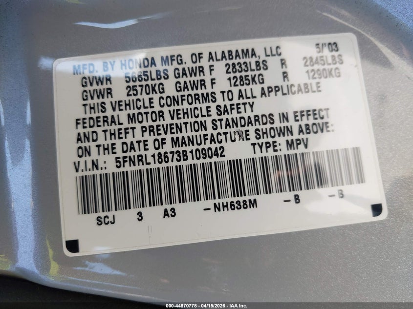 2003 Honda Odyssey Ex VIN: 5FNRL18673B109042 Lot: 44870778