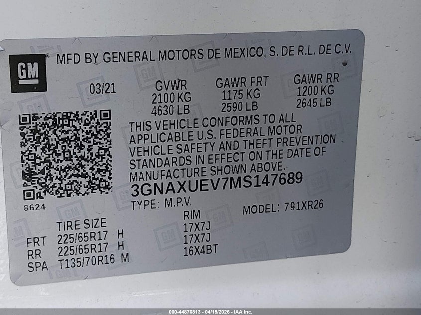 2021 Chevrolet Equinox Awd Lt VIN: 3GNAXUEV7MS147689 Lot: 44870813