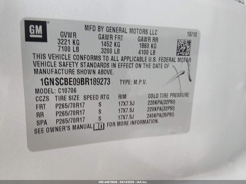 2011 Chevrolet Tahoe Lt VIN: 1GNSCBE09BR189273 Lot: 44870826