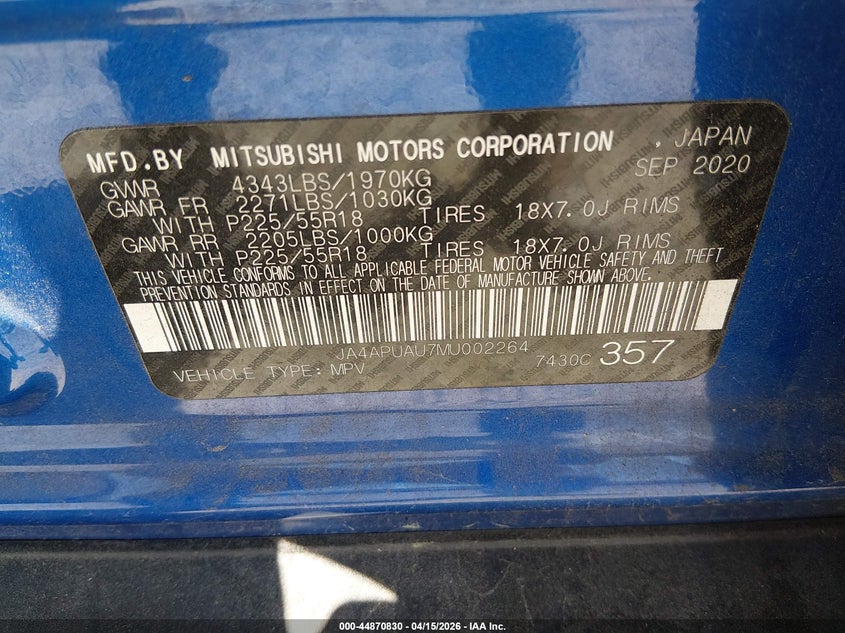 2021 Mitsubishi Outlander Sport 2.0 Es 2Wd VIN: JA4APUAU7MU002264 Lot: 44870830
