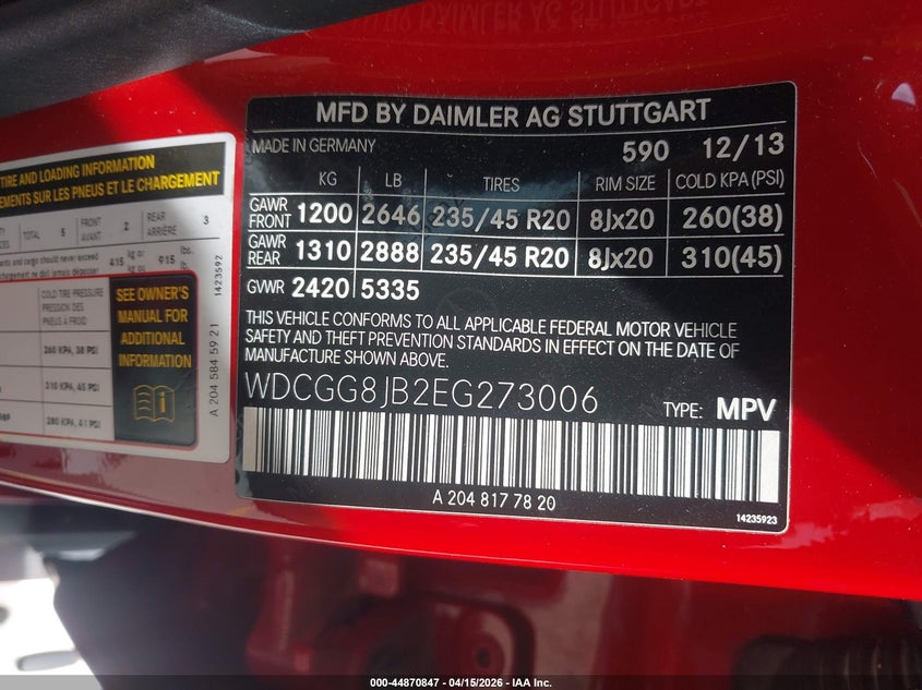 2014 Mercedes-Benz Glk 350 4Matic VIN: WDCGG8JB2EG273006 Lot: 44870847