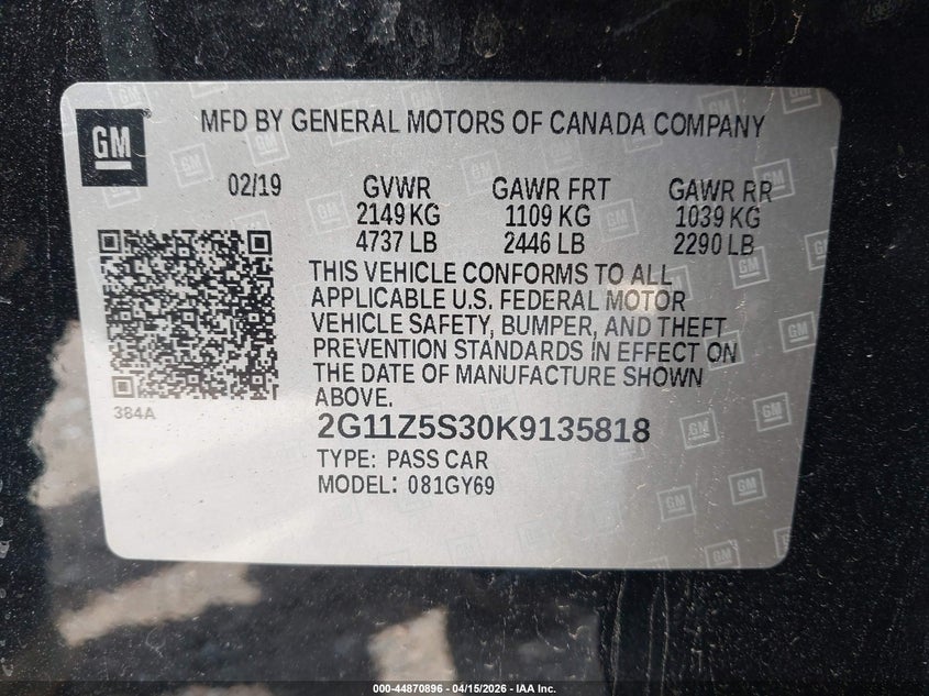 2019 Chevrolet Impala Lt VIN: 2G11Z5S30K9135818 Lot: 44870896