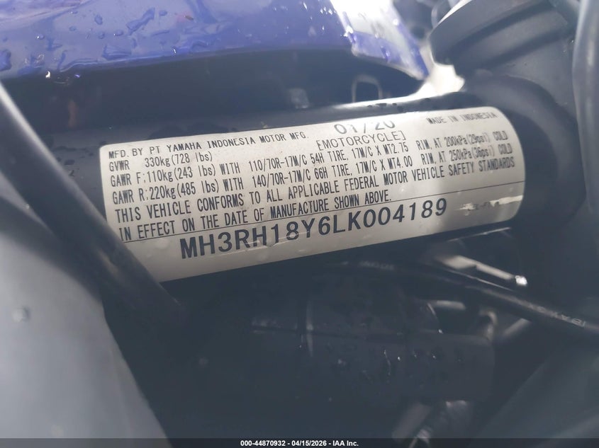 2020 Yamaha Yzfr3 A VIN: MH3RH18Y6LK004189 Lot: 44870932