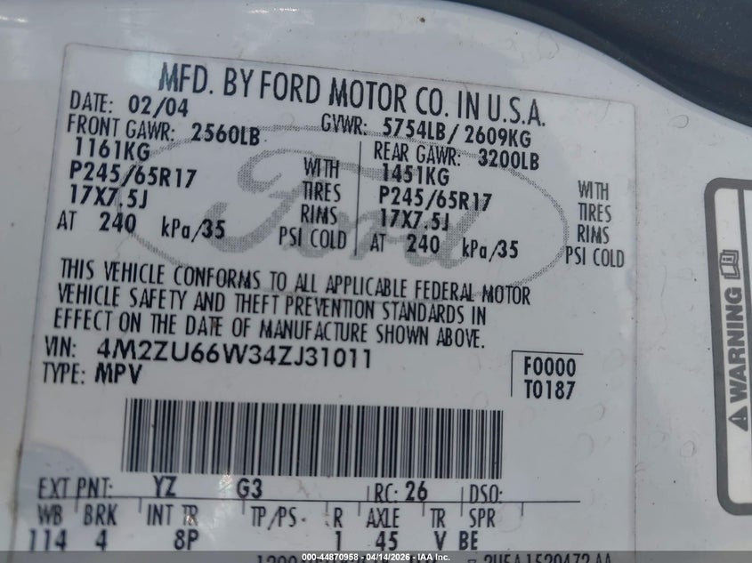 2004 Mercury Mountaineer VIN: 4M2ZU66W34ZJ31011 Lot: 44870958