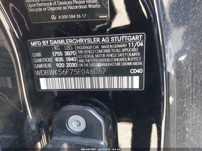 2005 Mercedes-Benz Slk 350 VIN: WDBWK56F75F046067 Lot: 44870991