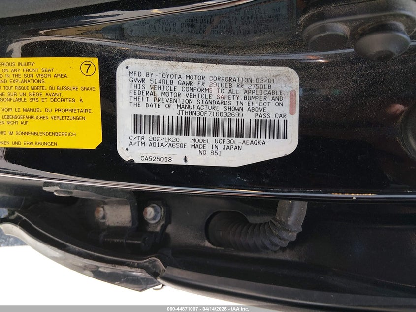 2001 Lexus Ls 430 VIN: JTHBN30F710032699 Lot: 44871007