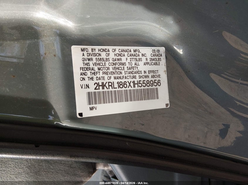 2001 Honda Odyssey Ex VIN: 2HKRL186X1H558956 Lot: 44871028