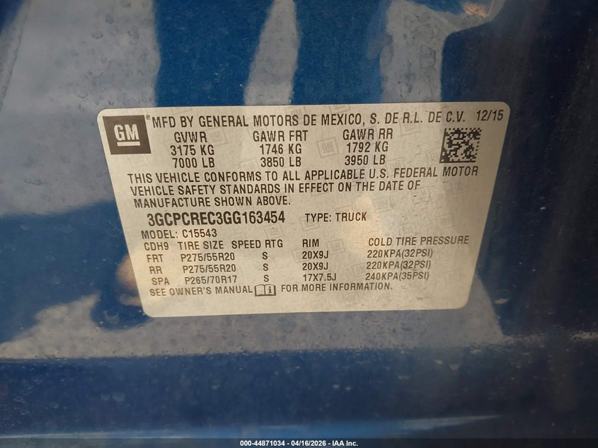 2016 Chevrolet Silverado 5.3 1lt Blue Lot 111044871034 Vin 3GCPCREC3GG163454