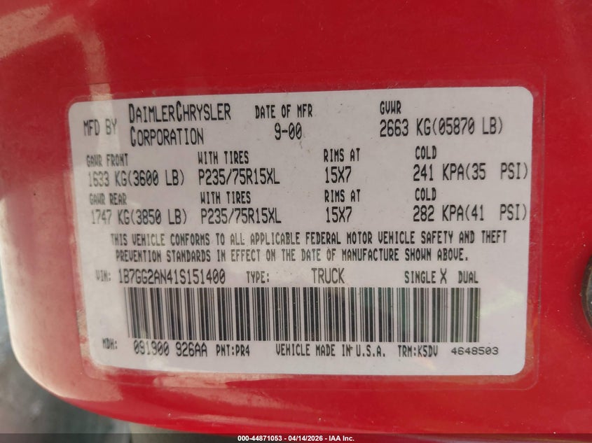 2001 Dodge Dakota Slt/Sport VIN: 1B7GG2AN41S151400 Lot: 44871053