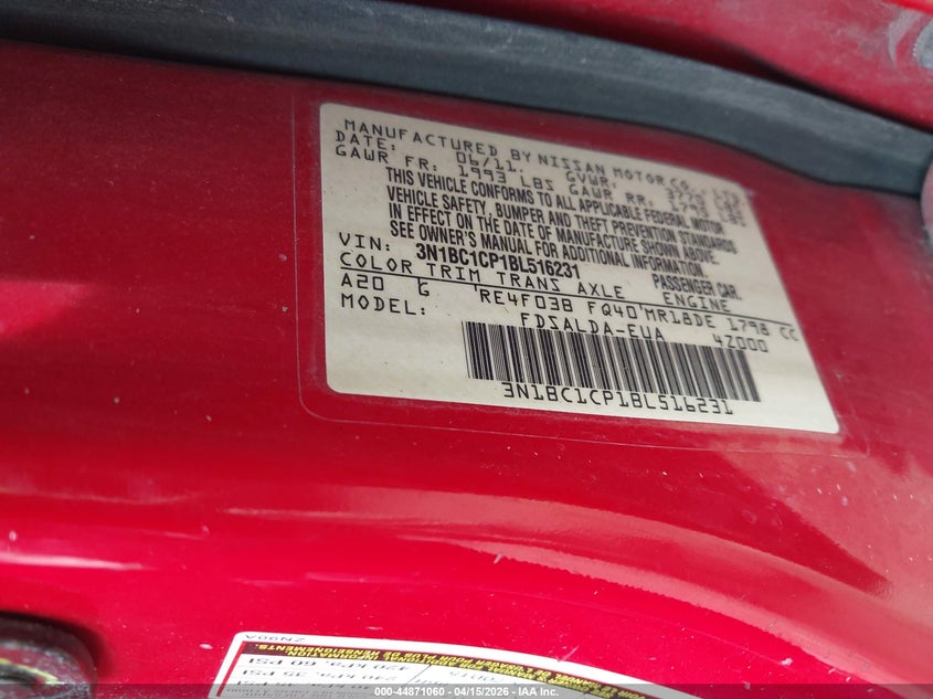 2011 Nissan Versa 1.8S VIN: 3N1BC1CP1BL516231 Lot: 44871060