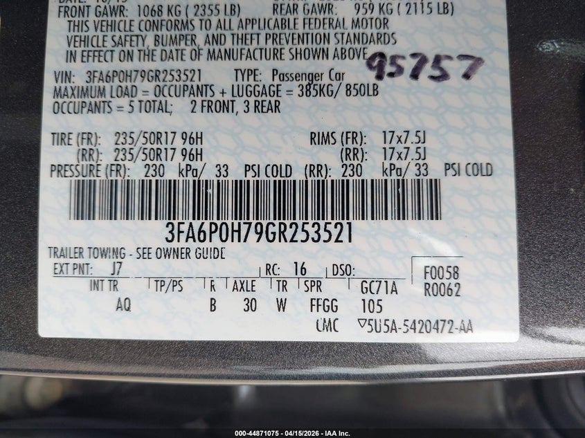 2016 Ford Fusion Se VIN: 3FA6P0H79GR253521 Lot: 44871075