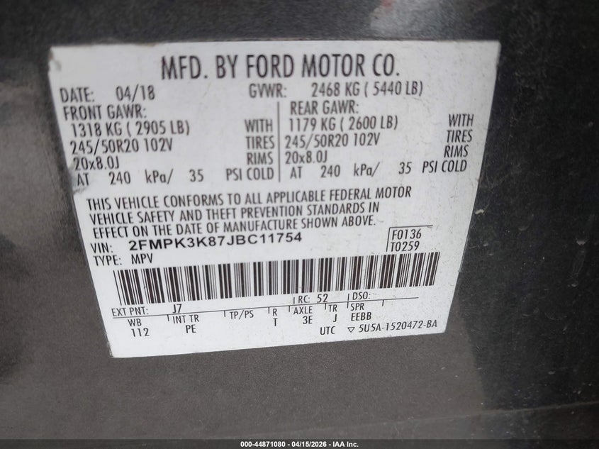 2018 Ford Edge Titanium VIN: 2FMPK3K87JBC11754 Lot: 44871080