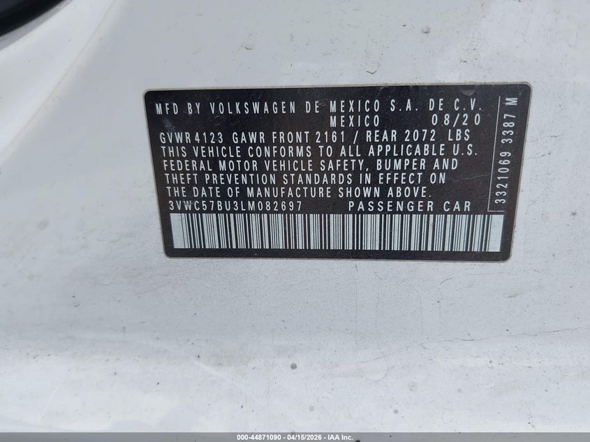 2020 Volkswagen Jetta 1.4T R-Line/1.4T S/1.4T Se VIN: 3VWC57BU3LM082697 Lot: 44871090