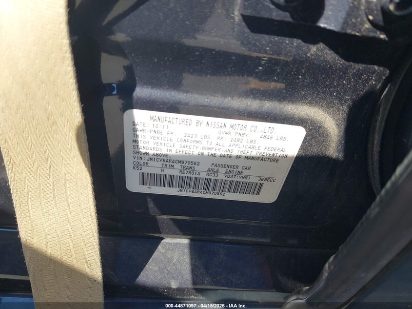 2012 Infiniti G37 VIN: JN1CV6AR4CM970562 Lot: 44871097