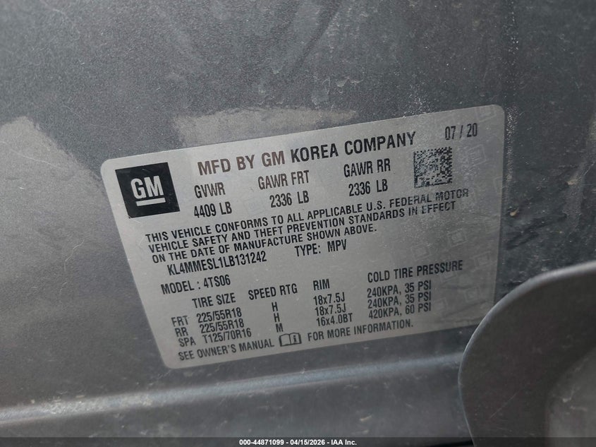 2020 Buick Encore Gx Select VIN: KL4MMESL1LB131242 Lot: 44871099