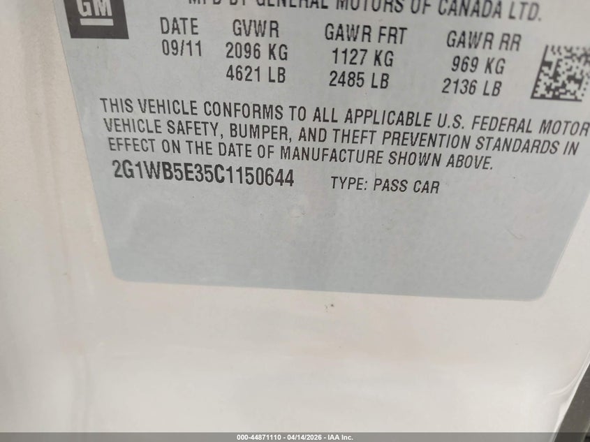 2012 Chevrolet Impala Lt VIN: 2G1WB5E35C1150644 Lot: 44871110