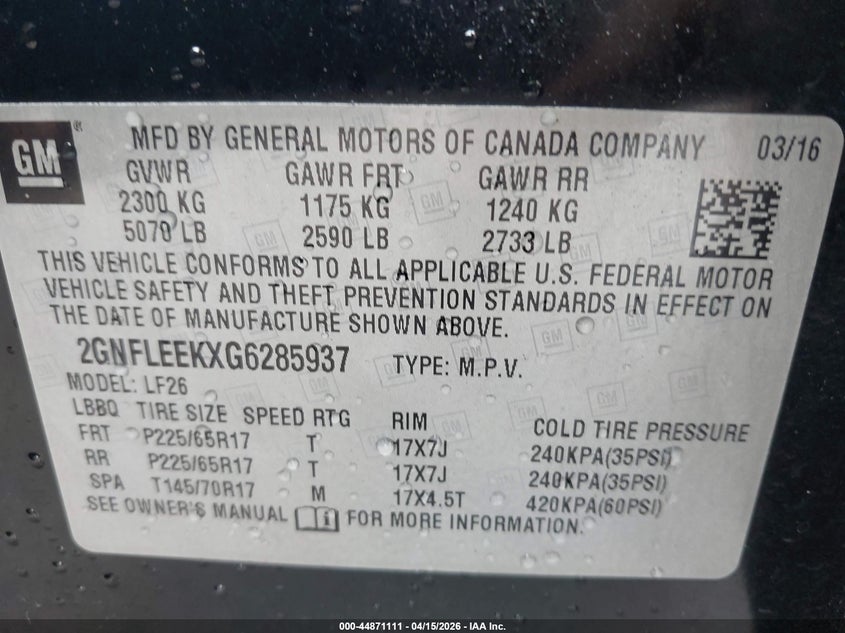 2016 Chevrolet Equinox Ls VIN: 2GNFLEEKXG6285937 Lot: 44871111