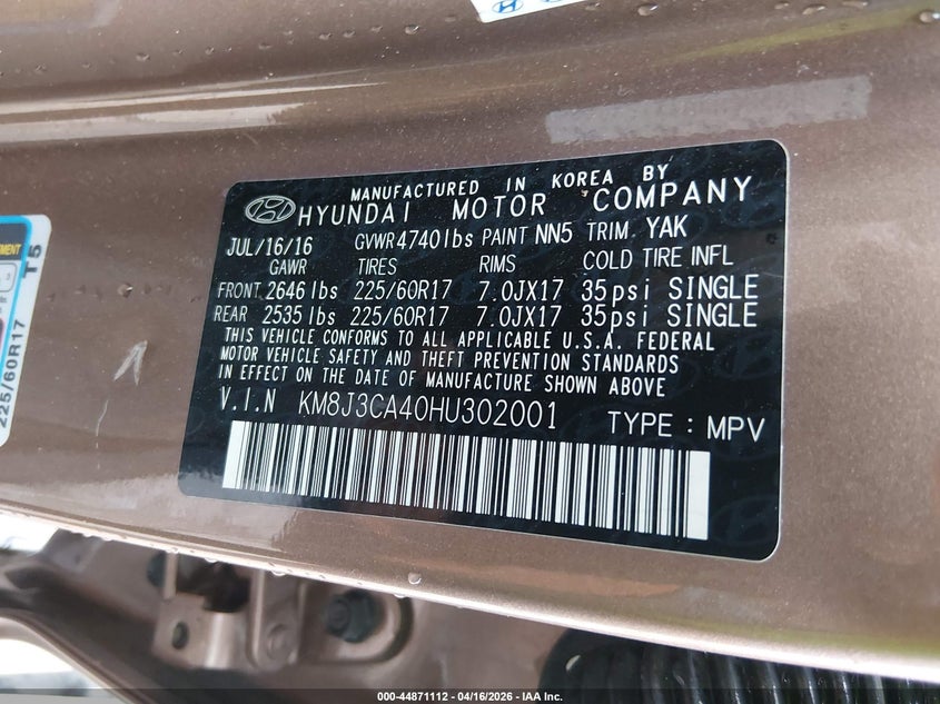 2017 Hyundai Tucson 2.0 Se brown Lot 111044871112 Vin KM8J3CA40HU302001