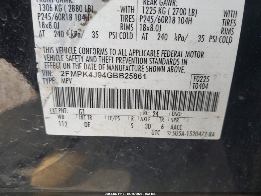 2016 Ford Edge Sel VIN: 2FMPK4J94GBB25861 Lot: 44871113