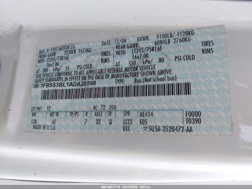 2010 Ford E-350 Super Duty Xl/Xlt VIN: 1FBSS3BL1ADA26598 Lot: 44871116